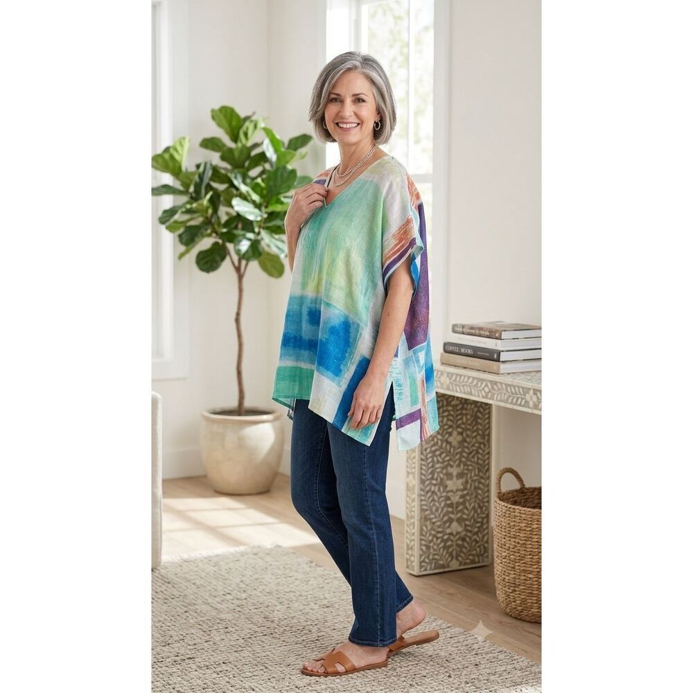 Chico's Textural Blocks Linen Poncho Top L/XL NWT Abstract Colorblock V-Neck
